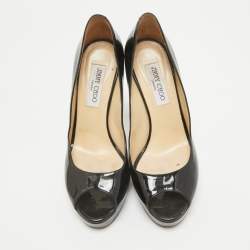 Pre Owned Jimmy Choo Black Patent Leather Crown Peep Toe Pumps Size 39