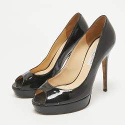 Pre Owned Jimmy Choo Black Patent Leather Crown Peep Toe Pumps Size 39