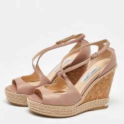 Jimmy Choo Beige Leather Cork Espadrille Wedge Sandals Size 38