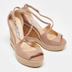 Jimmy Choo Beige Leather Cork Espadrille Wedge Sandals Size 38