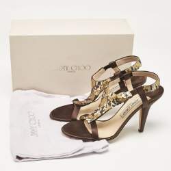 Jimmy Choo Dark Brown/Beige Satin Sequins Embellished T-Strap Sandals Size 38.5
