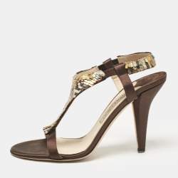 Jimmy Choo Dark Brown/Beige Satin Sequins Embellished T-Strap Sandals Size 38.5