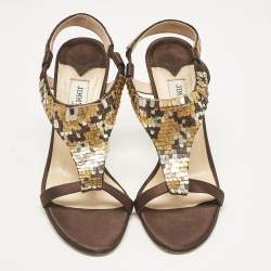 Jimmy Choo Dark Brown/Beige Satin Sequins Embellished T-Strap Sandals Size 38.5