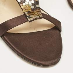 Jimmy Choo Dark Brown/Beige Satin Sequins Embellished T-Strap Sandals Size 38.5