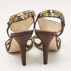 Jimmy Choo Dark Brown/Beige Satin Sequins Embellished T-Strap Sandals Size 38.5