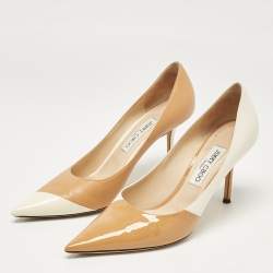 Jimmy Choo Beige/Off White Leather and Patent Pointed Toe Pumps Size 40