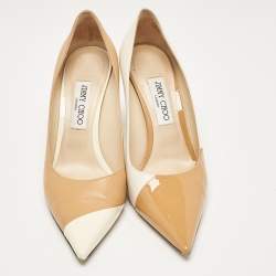 Jimmy Choo Beige/Off White Leather and Patent Pointed Toe Pumps Size 40