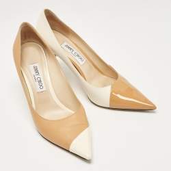 Jimmy Choo Beige/Off White Leather and Patent Pointed Toe Pumps Size 40
