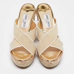 Jimmy Choo Beige Canvas Dovina Wedge Sandals Size 38