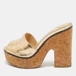 Jimmy Choo Gold Croc Embossed Leather Slide Sandals Size 36.5