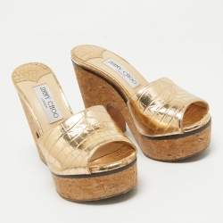 Jimmy Choo Gold Croc Embossed Leather Slide Sandals Size 36.5