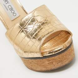 Jimmy Choo Gold Croc Embossed Leather Slide Sandals Size 36.5