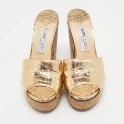 Jimmy Choo Gold Croc Embossed Leather Slide Sandals Size 36.5