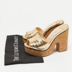 Jimmy Choo Gold Croc Embossed Leather Slide Sandals Size 36.5