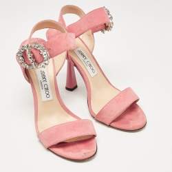 مملوكة مسبقًا Jimmy Choo Pink Suede Crystal Embellished Ankle Strap Sandals Size 39