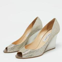 Jimmy Choo Gold Metallic Glitter Fabric Baxen Wedge Pumps Size 42
