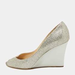 Jimmy Choo Gold Metallic Glitter Fabric Baxen Wedge Pumps Size 42
