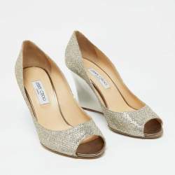 Jimmy Choo Gold Metallic Glitter Fabric Baxen Wedge Pumps Size 42