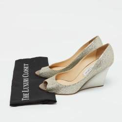 Jimmy Choo Gold Metallic Glitter Fabric Baxen Wedge Pumps Size 42