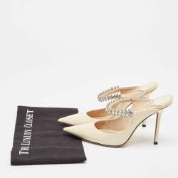 Jimmy Choo White Patent Leather Crystal Embellished Bing Pointed Toe Mules Size 37