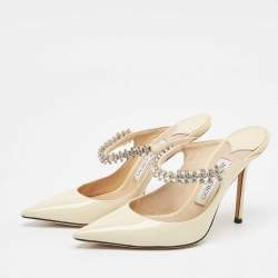 Jimmy Choo White Patent Leather Crystal Embellished Bing Pointed Toe Mules Size 37