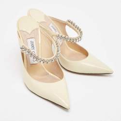 Jimmy Choo White Patent Leather Crystal Embellished Bing Pointed Toe Mules Size 37