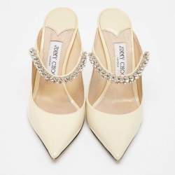 Jimmy Choo White Patent Leather Crystal Embellished Bing Pointed Toe Mules Size 37
