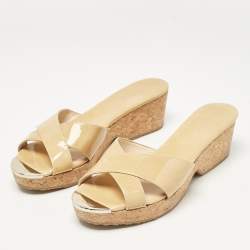 Pre Owned Jimmy Choo Beige Patent Leather Prima Wedge Sandals Size 39
