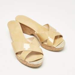 Pre Owned Jimmy Choo Beige Patent Leather Prima Wedge Sandals Size 39