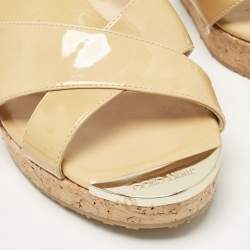 Pre Owned Jimmy Choo Beige Patent Leather Prima Wedge Sandals Size 39
