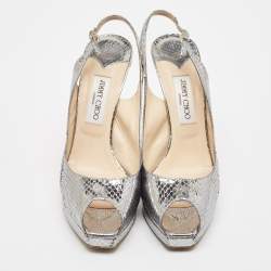 Jimmy Choo Metallic Snakeskin Embossed Leather Platform Slingback Sandals Size 42