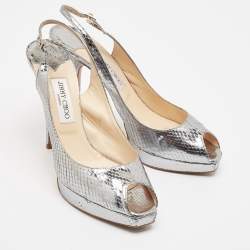 Jimmy Choo Metallic Snakeskin Embossed Leather Platform Slingback Sandals Size 42