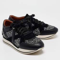 Jimmy Choo Black Glitter and Suede Low Top Sneakers 39