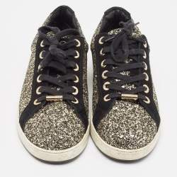 Jimmy Choo Gold/Black Glitter and Suede Lace Up Sneakers 41