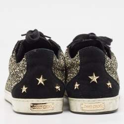 Jimmy Choo Gold/Black Glitter and Suede Lace Up Sneakers 41