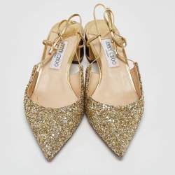 Pre Owned Jimmy Choo Gold Glitter Gemista Mules Size 40