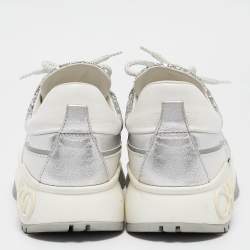 Pre Owned Jimmy Choo Silver/White Leather and Glitter Raine Lace Up Sneakers Size 41