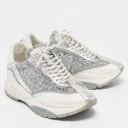 Pre Owned Jimmy Choo Silver/White Leather and Glitter Raine Lace Up Sneakers Size 41