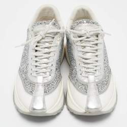 Pre Owned Jimmy Choo Silver/White Leather and Glitter Raine Lace Up Sneakers Size 41