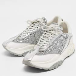 Pre Owned Jimmy Choo Silver/White Leather and Glitter Raine Lace Up Sneakers Size 41