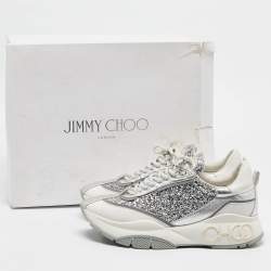 Pre Owned Jimmy Choo Silver/White Leather and Glitter Raine Lace Up Sneakers Size 41