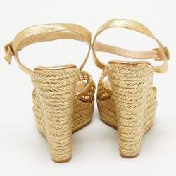 Jimmy Choo Gold Leather Platform Wedge Ankle Strap Sandals Size 39.5