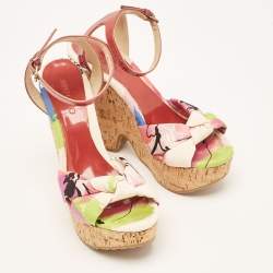 Jimmy Choo Red Patent Leather and Gleam Printed Fabric Cork Wedge Sandals Size 38.5