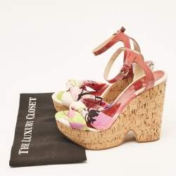 Jimmy Choo Red Patent Leather and Gleam Printed Fabric Cork Wedge Sandals Size 38.5