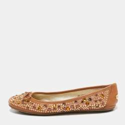 Jimmy Choo Brown Leather Crystal Embellished Ballet Flats Size 38