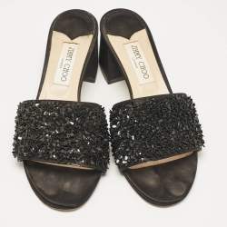 Pre Owned Jimmy Choo Black Satin Embellishment Slide Sandals Size 41