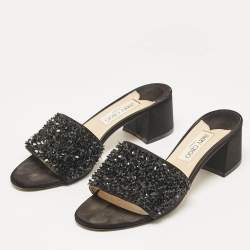 Pre Owned Jimmy Choo Black Satin Embellishment Slide Sandals Size 41
