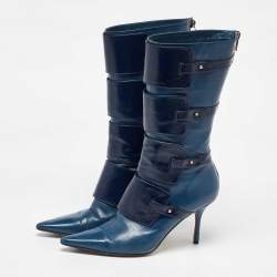 Jimmy Choo Navy Blue Leather Pointed Toe Calf length Boots Size 40