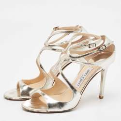 Pre Owned Jimmy Choo Silver Leather Lance Ankle Strap Sandals Size 38.5