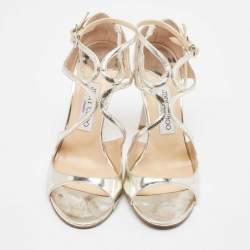 Pre Owned Jimmy Choo Silver Leather Lance Ankle Strap Sandals Size 38.5